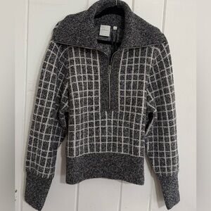 Varley Furley Checked Boucle Half  Zip-Up Sweater Grey and White Women’s Size L